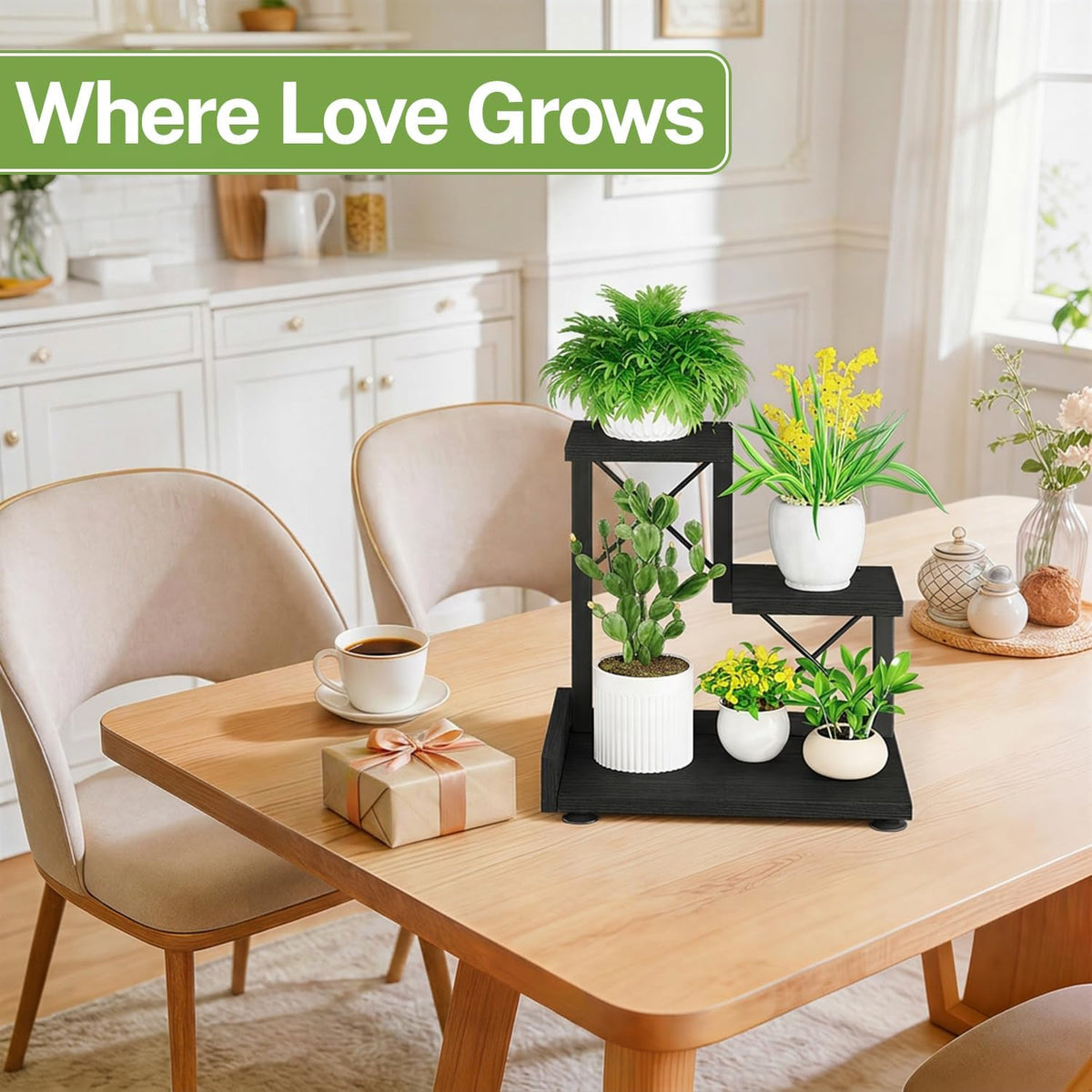 iDavosic.ly Table Top Small Plant Stand, Succulent Holder for Desk, Black | 3 Tier Flower Pot Shelf for Desktop, Space