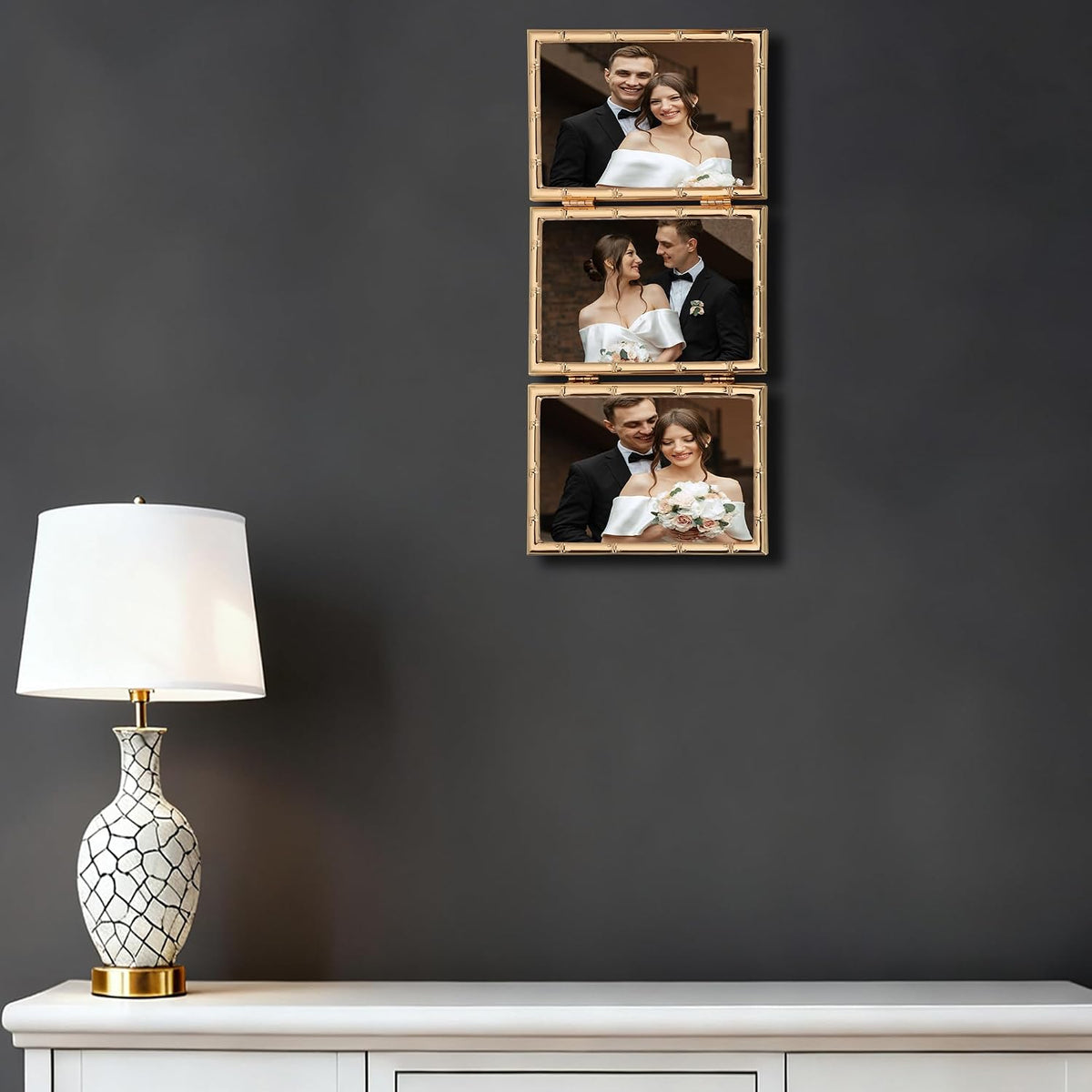 YiPinYin Dark Gold 5x7'' Bamboo Detail Designs Hinged Triple Metal Picture Frame,Elegant Gold Plated Wedding Photo
