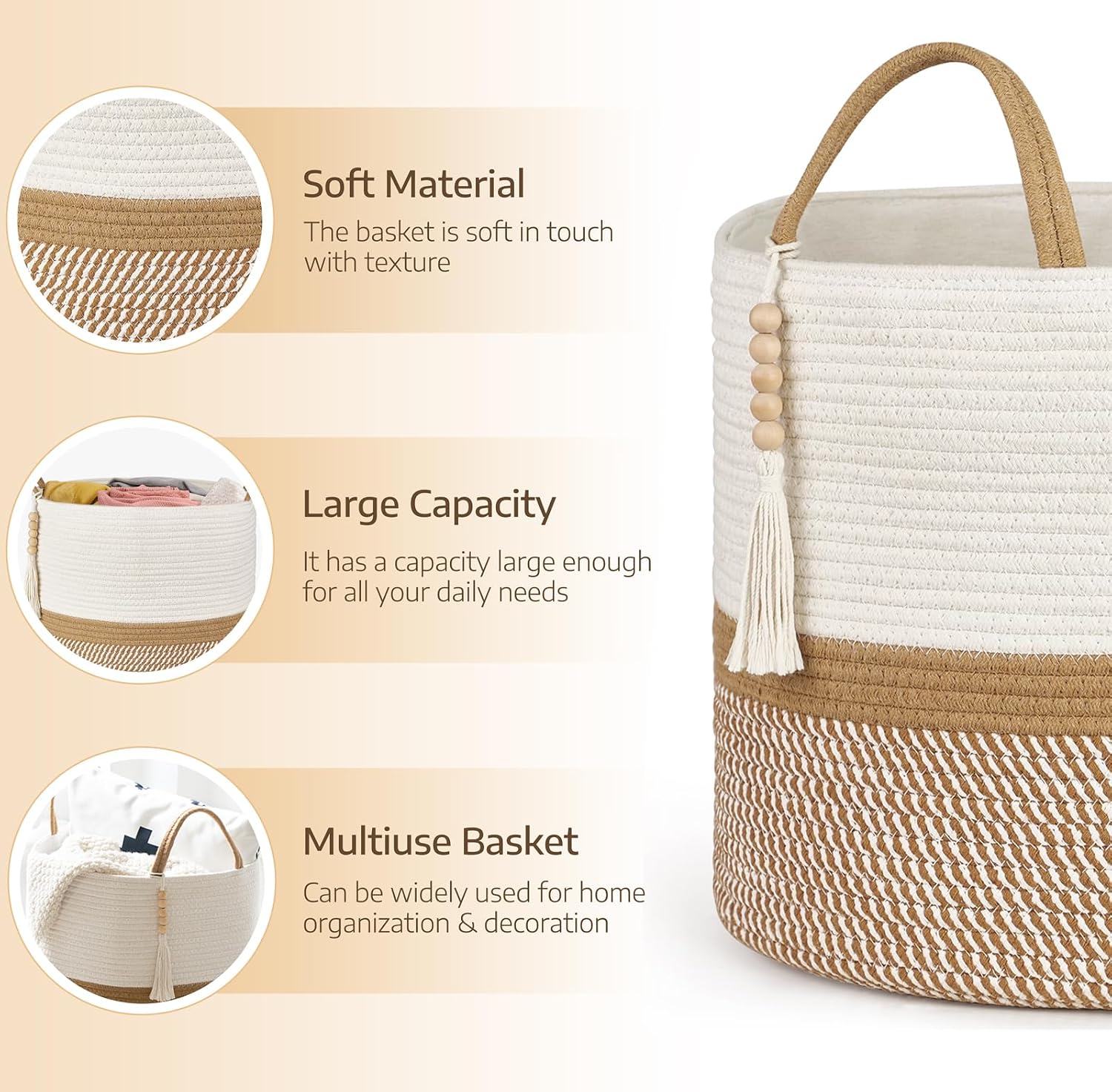 Woven Storage Basket Decorative Natural Rope Basket Wooden Bead / White and Brown / 16" W x 13.8"L