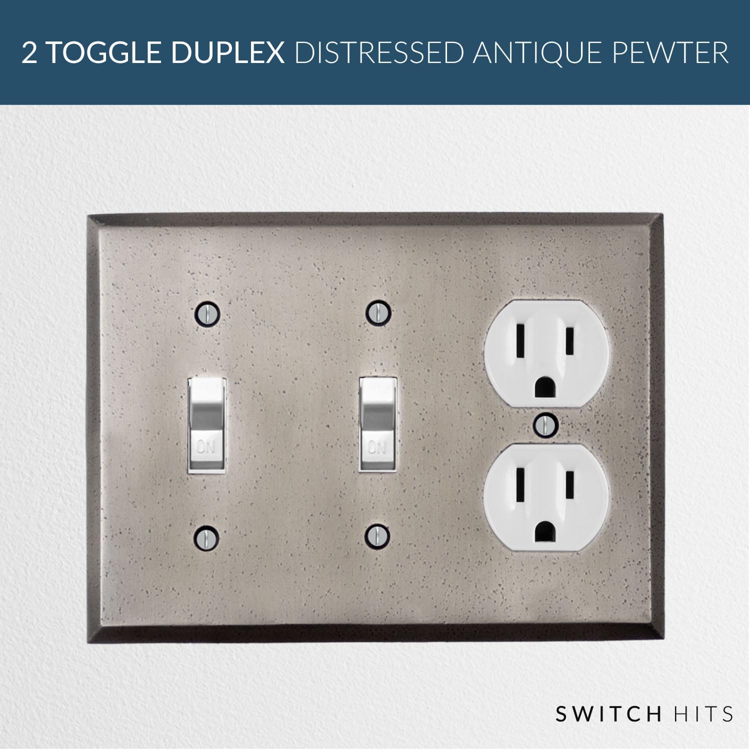 Distressed Antique Pewter Outlet Wall Plate | 2 Toggle - 1 Duplex | 6.25" x 4.5" | Hand-Polished Brass Construction