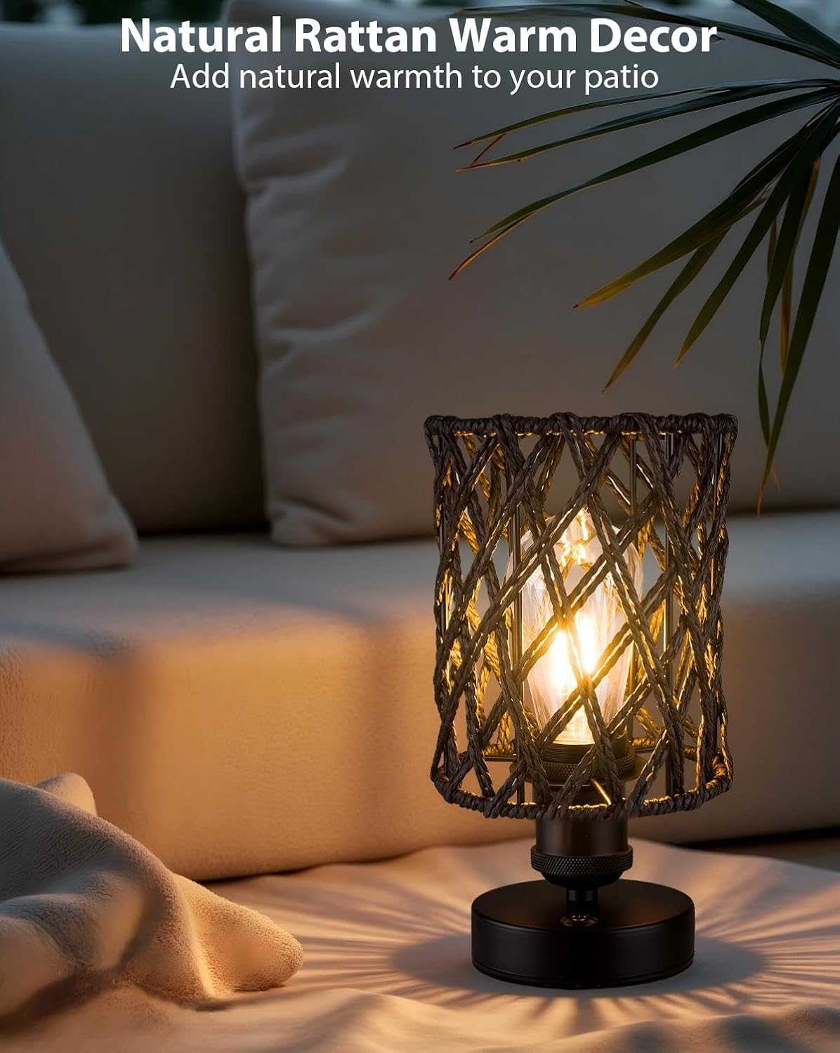Cordless Outdoor Table Lamps, Small Rattan Boho, Rechargeable Battery Operated for Outdoor Patio, Home, Living Room