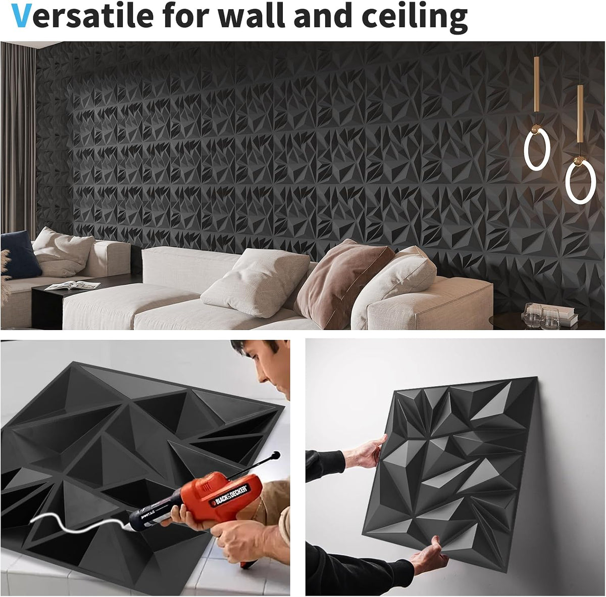Art3d 50-Pack Modern Diamond Textured 3D Wall Panels, 12 x 12 in, Black | Light PVC, Waterproof, Scratch Proof