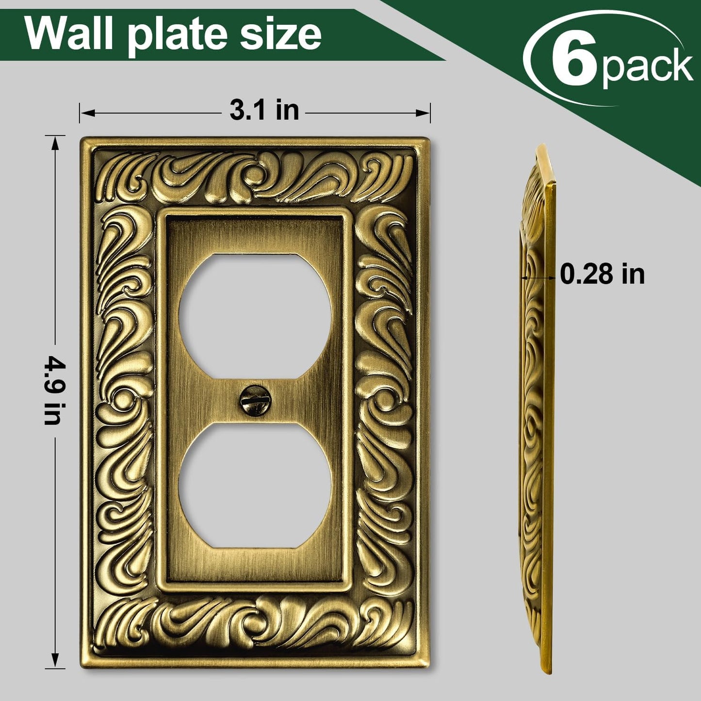 Antique Brass Decorative Duplex Outlet Cover, Decorative Switch Plate Cover | 6 Pack Paisley Pattern Wall Plates for