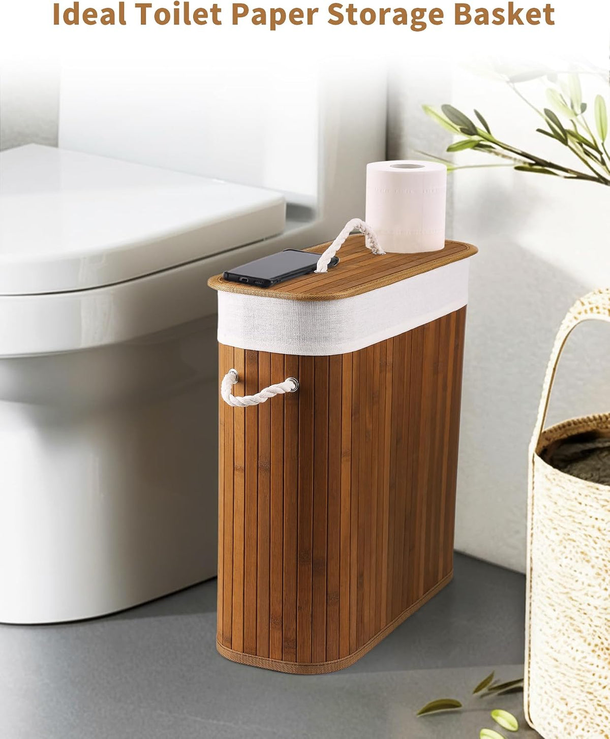 Bamboo Toilet Paper Storage with Lid & Handel, 8 Gallons (30L), Sturdy Toilet Paper Basket, Organizer for Bathroom