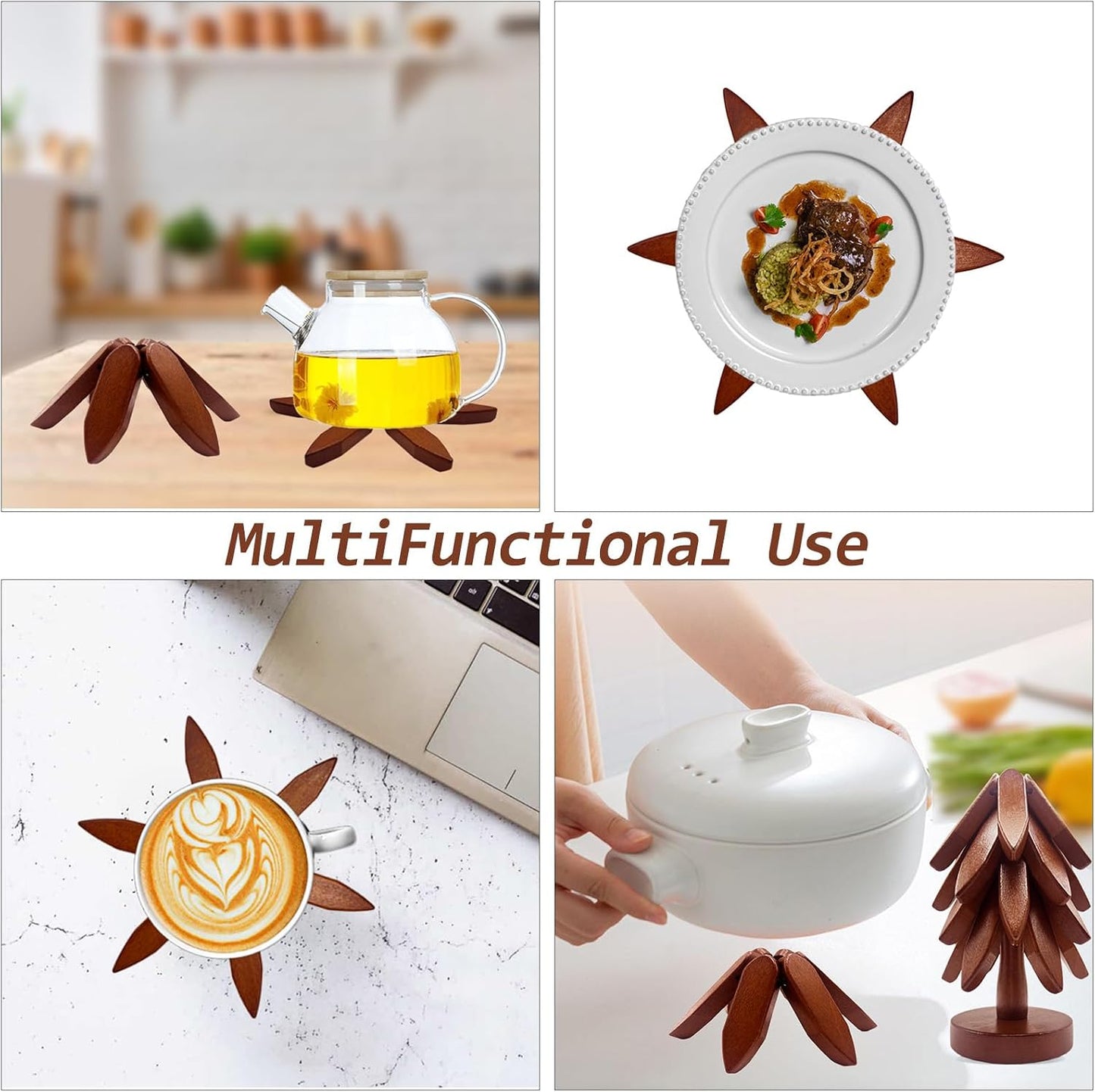 4 Wooden Trivets + 1 Stand / Walnut Wood