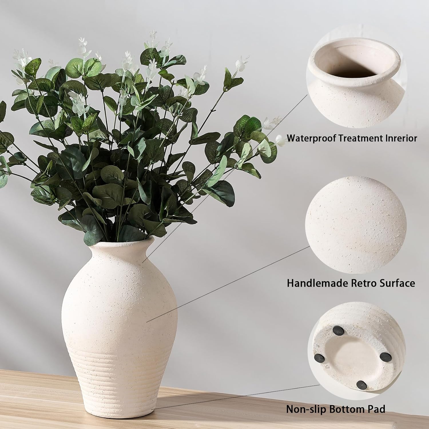 Ceramic Rustic Farmhouse Vase / Off-white / 9.2 Inch