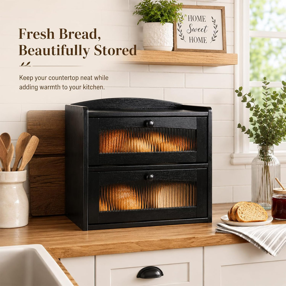 Large Wooden Bread Box for Kitchen Countertop, 2-Tier, Black | Clear Acrylic Window Spacious Bread Storage Farmhouse