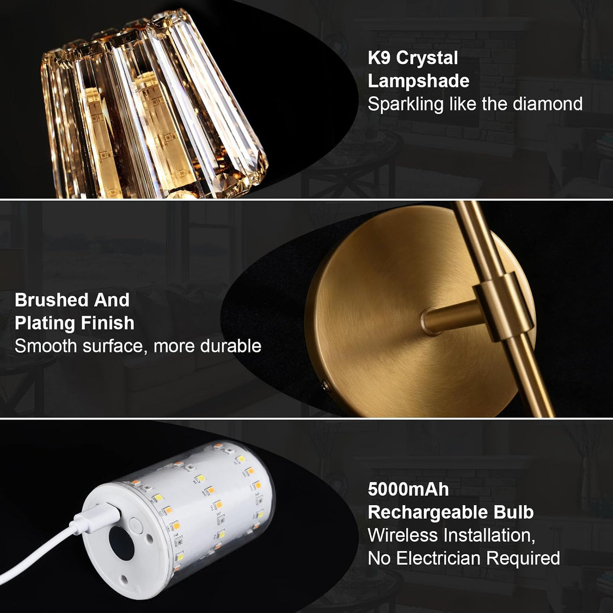 Battery Operated Crystal Wall Sconce Set of 2, Amber Rechargeable Wireless Wall Sconces with Remote Dimmable 12 Colors