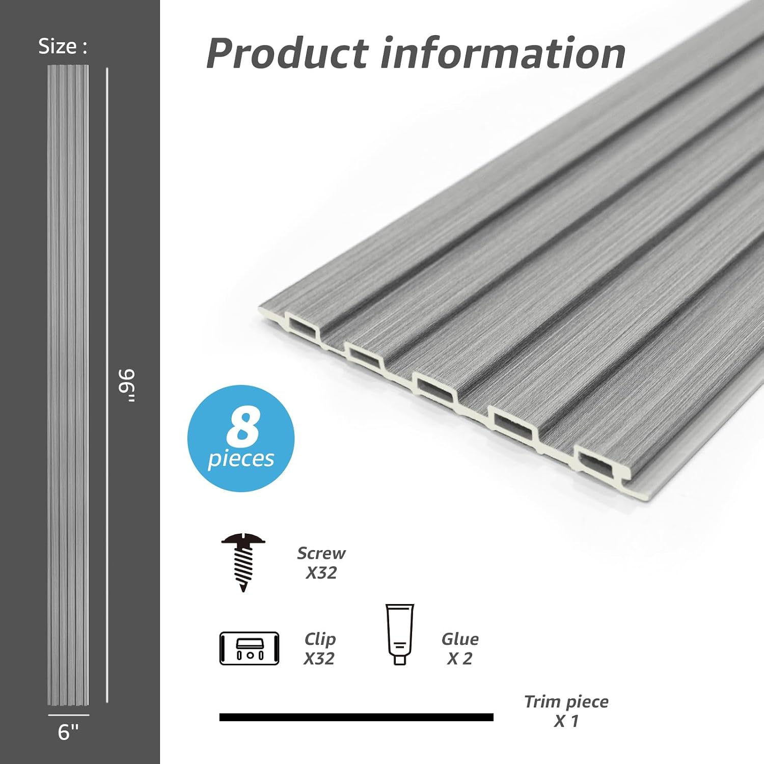 Art3d 96 x 6 Inch WPC 3D Wood Textured Slat Wall Panels, 8-Pack, Gray Oak | Stylish Slat Design, Waterproof, Weather