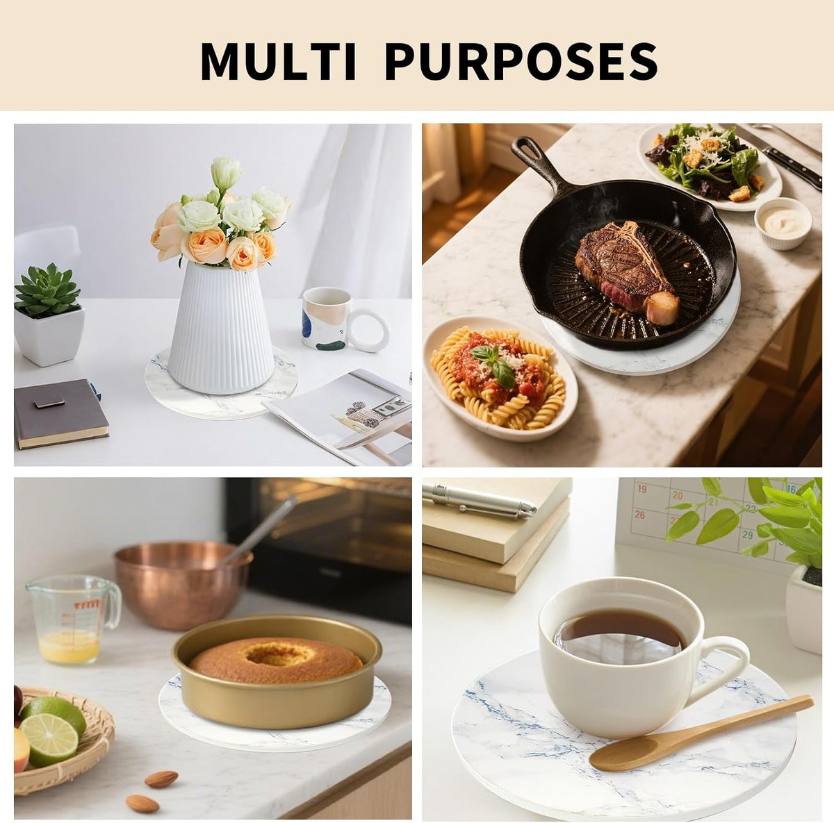 8 Inch Trivets for Hot Dishes, Pots and Pans, Marble Style Ceramic Trivet with Holder, Heat Resistant Hot Plate Mats