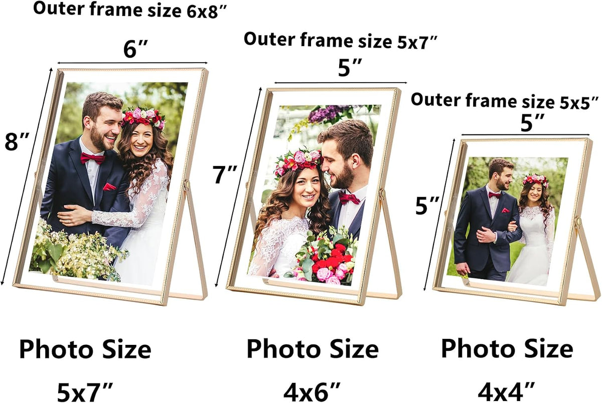 Gold Floating Picture Frames Set of 3,Metal Geometric Photo Frame with Glass Cover Includes(5x7'',4x6'',4x4'')Tabletop