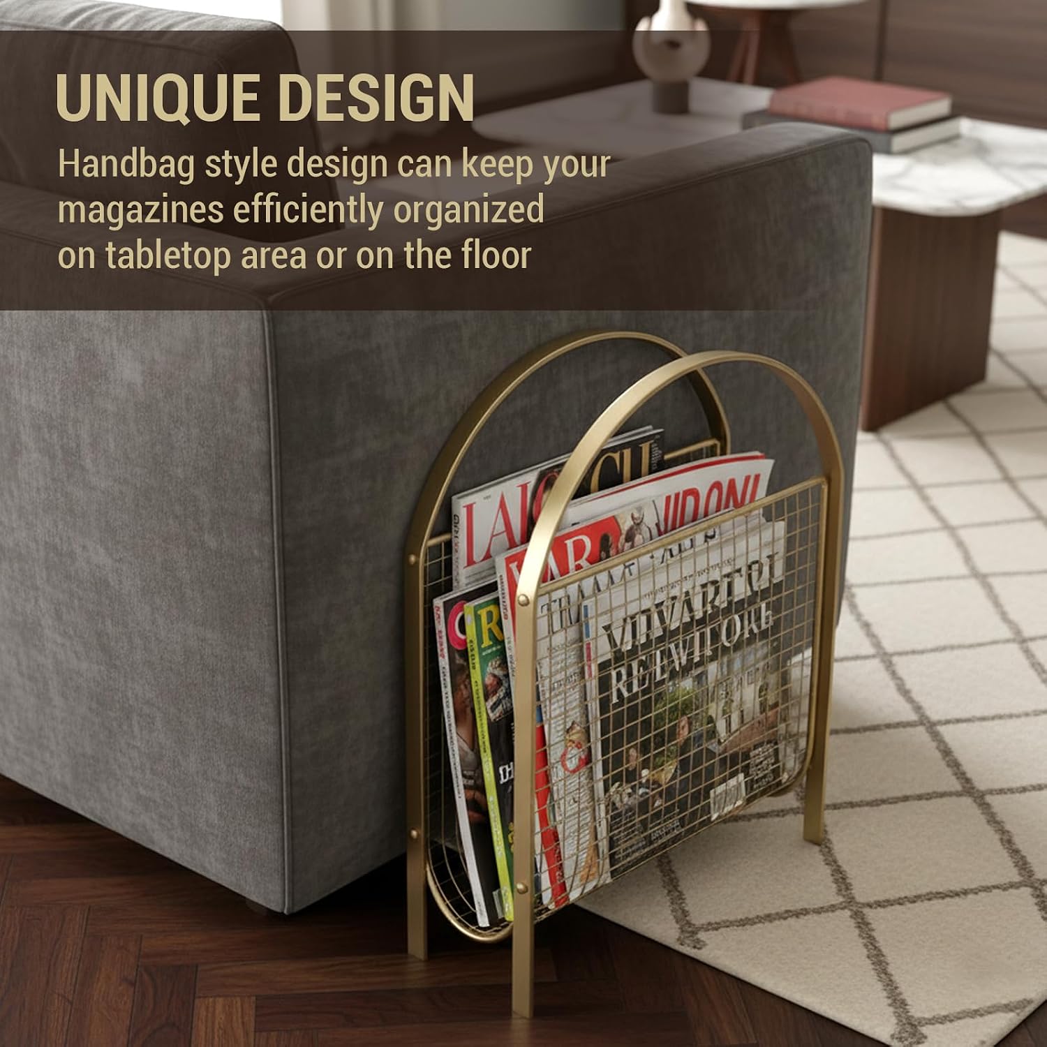 MyGift Mid Century Brass Tone Metal Mesh Magazine Rack Storage Basket | Freestanding Tabletop Organizer, Keeps Reading