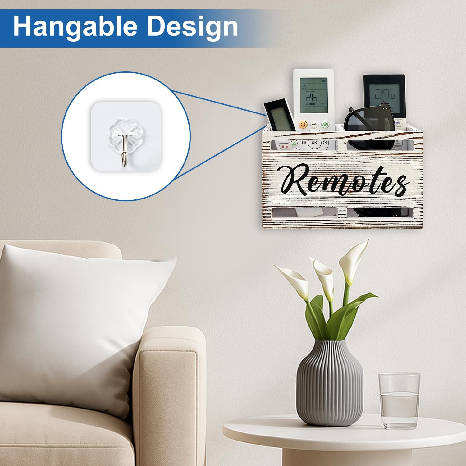 Wooden Remote Control Holder Wall Mount Remote Organizer / Rustic White / 2 Slot