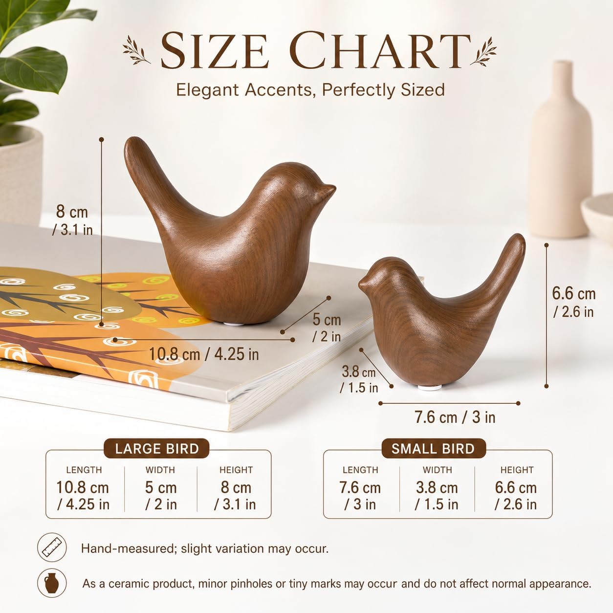 Ceramic Bird Figurines / Dark Wood Grain / Set of 2