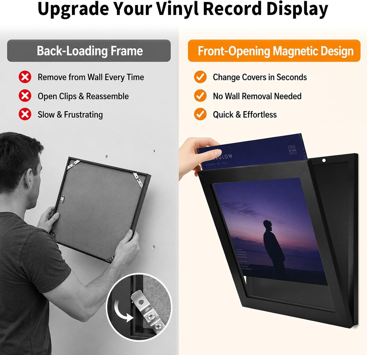 4 Pack 12"x12" Front-Opening Magnetic Vinyl Record Frame | Holds Up to 3 LPs & Fits Gatefold, Album Cover Display with