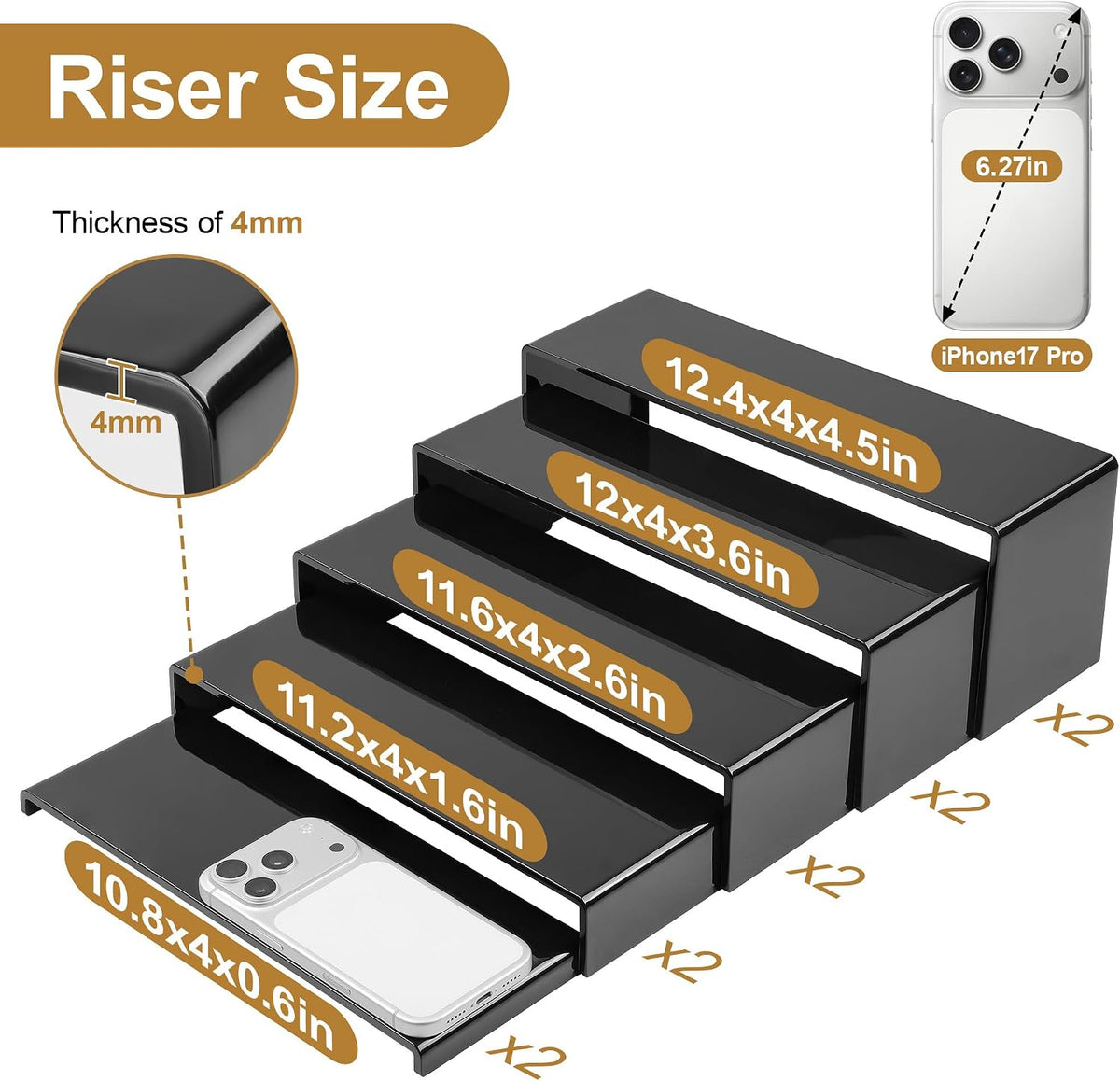 10 Pack Large Acrylic Display Stands, 2 Set(10”L~11”L~12”L) | Rectangular Display Stands, Acrylic Display Shelves for