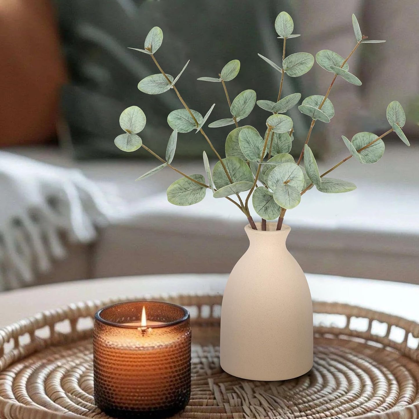 17" Artificial Eucalyptus Stems Potted Plant / Gray Green Beige Vase