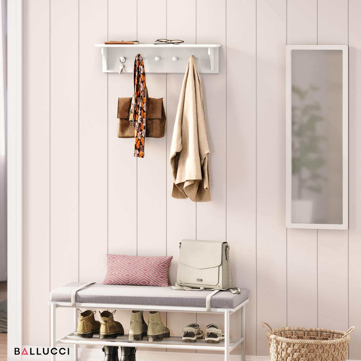 Ballucci Floating Coat and Hat Wall Shelf Rack, 5 Pegs Hook, 24", White