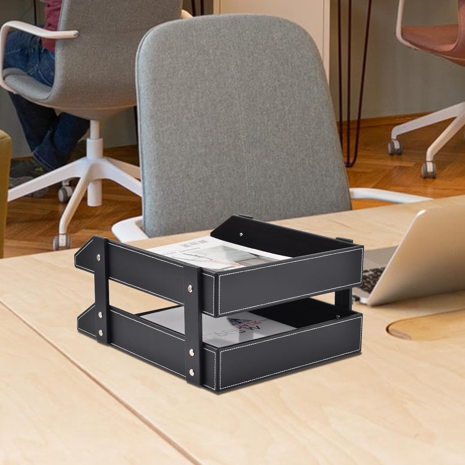 Leather Desk Organizer,2-Tier Stackable Letter Tray Holder,Office Supplies Desktop Storage Box for