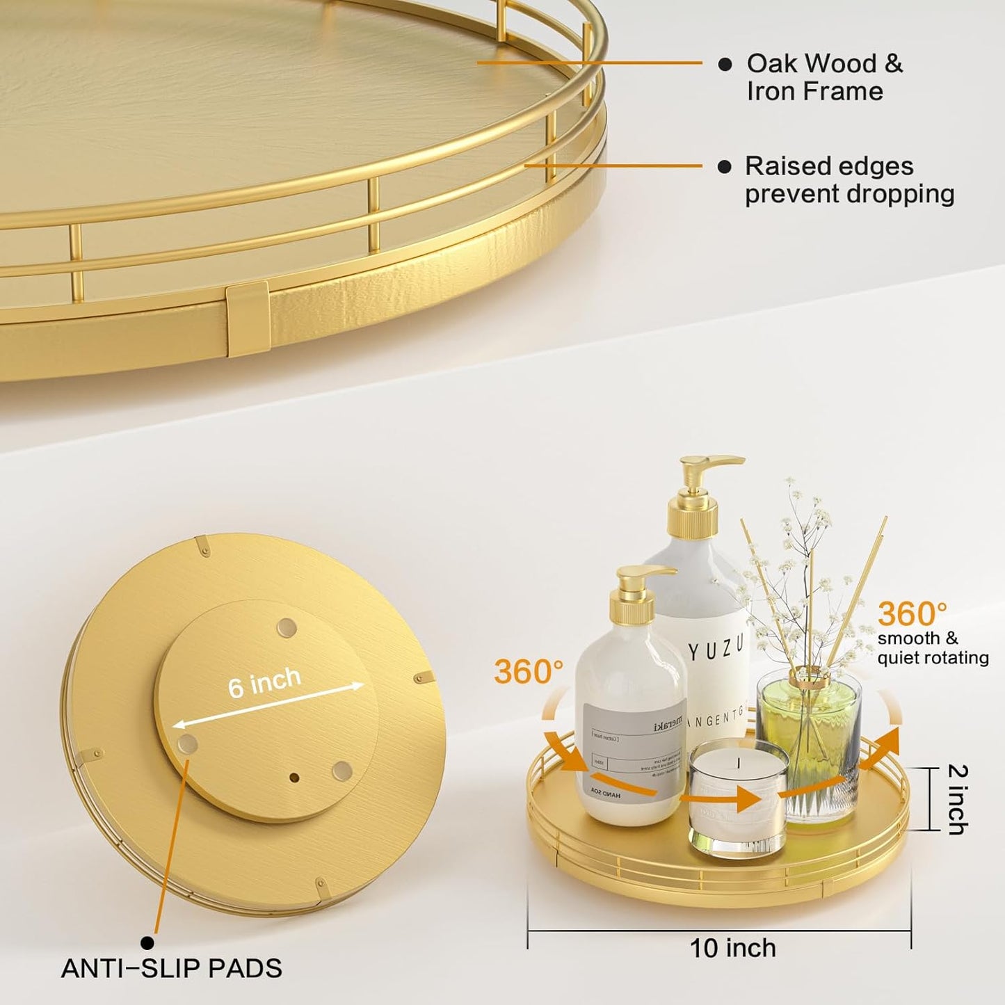 Oak Wood Lazy Susan Turntable Organizer for Dining Coffee Table / Golden / Gold / Set of 10