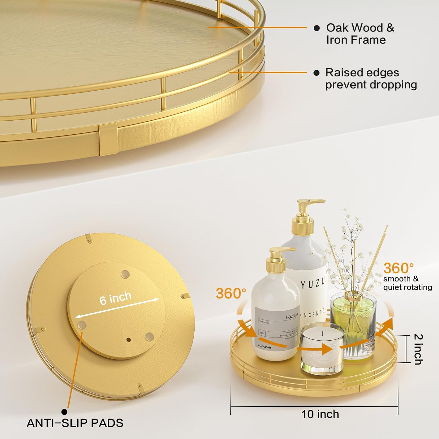 Oak Wood Lazy Susan Turntable Organizer for Dining Coffee Table / Golden / Gold / Set of 10