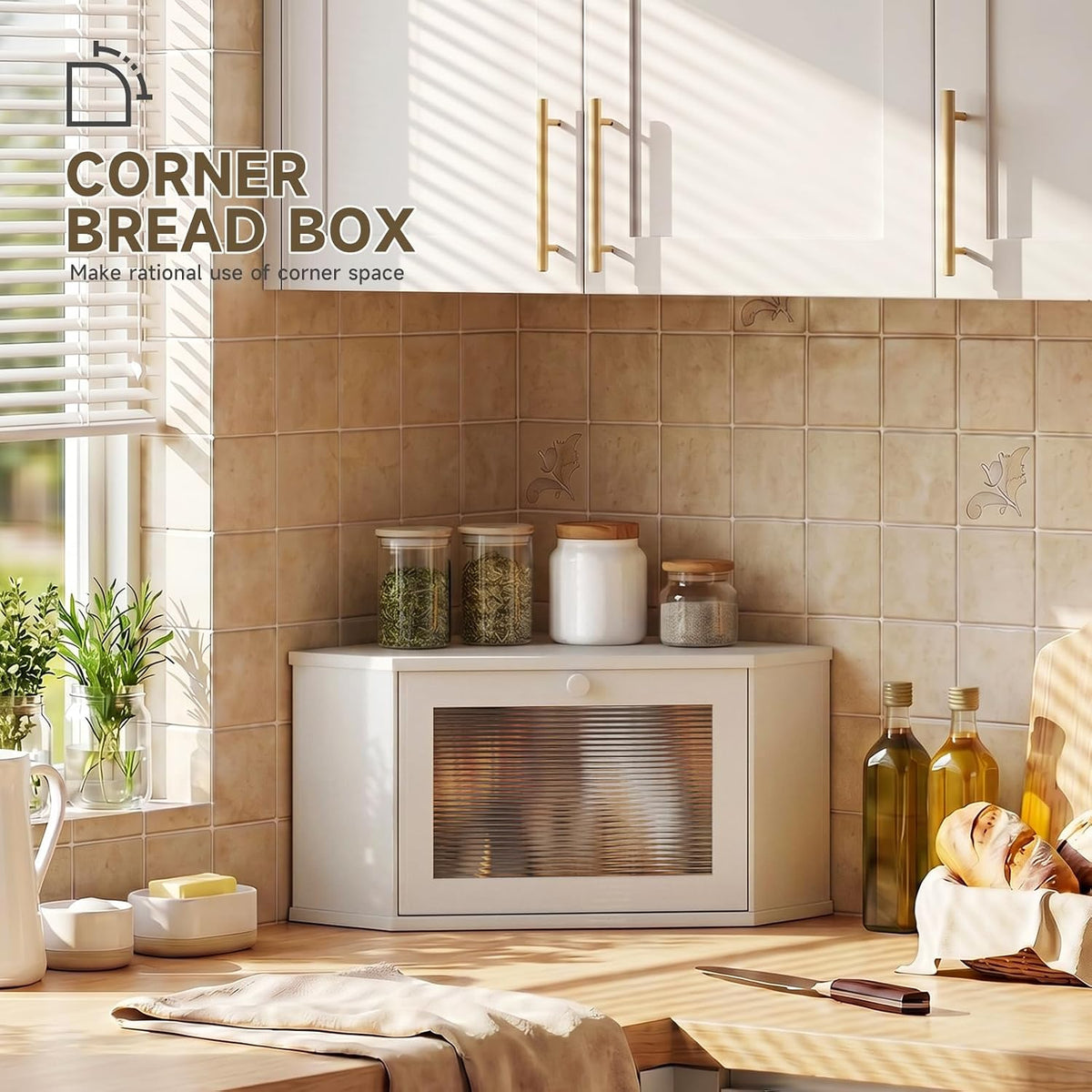 Corner Bread Box For Kitchen Countertop,Bread Storage Bin (White, Medium) | Small Bamboo Bread Container,Corner Shelf
