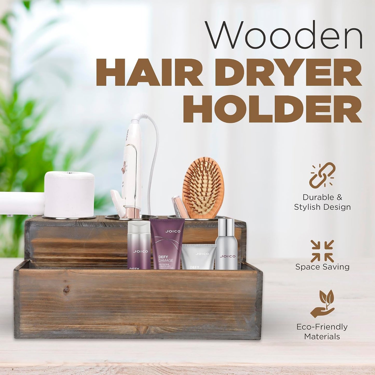 Besti Wooden Hair Dryer Holder – Hair Tools and Styling Supplies Organizer and Storage for Vanity and Bathroom