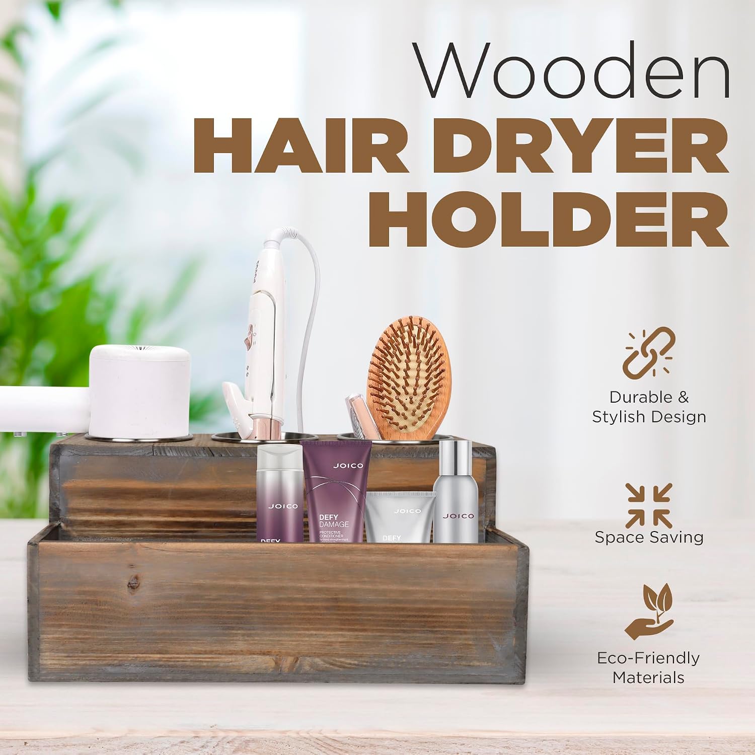 Besti Wooden Hair Dryer Holder – Hair Tools and Styling Supplies Organizer and Storage for Vanity and Bathroom