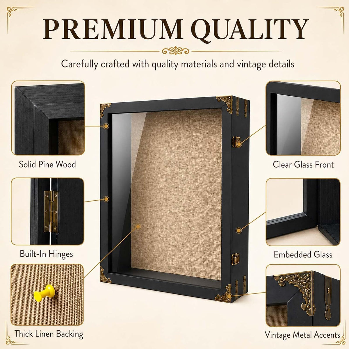 16x20x4.7 Inch Large Shadow Box Frame, 3.5-Inch Deep (Rustic Black) | Tempered glass, solid wood and linen backing for