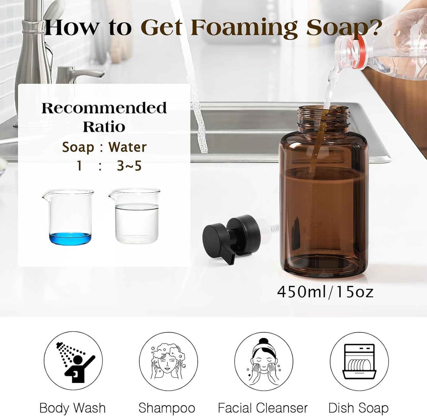 Luxspire 15oz Glass Foaming Soap Dispenser Set, Amber + Dark Gray, 2 Pack | Anti-drip pump, wide mouth easy refill