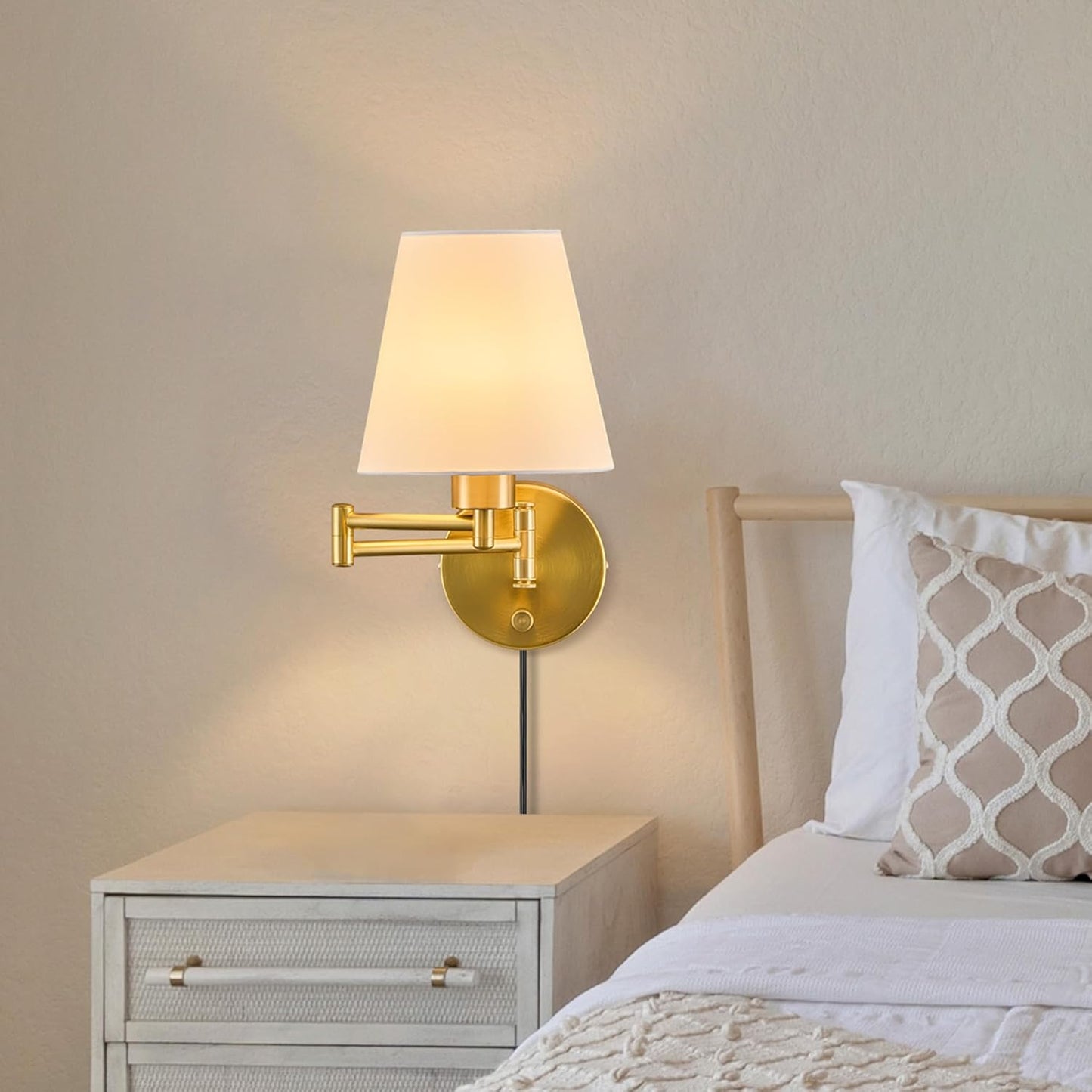 VONLUCE Wall Lamp, Plug in & Swing Arm Wall Sconce, Gold Finish | Modern Wall Lights with White Fabric Shades, Plug in