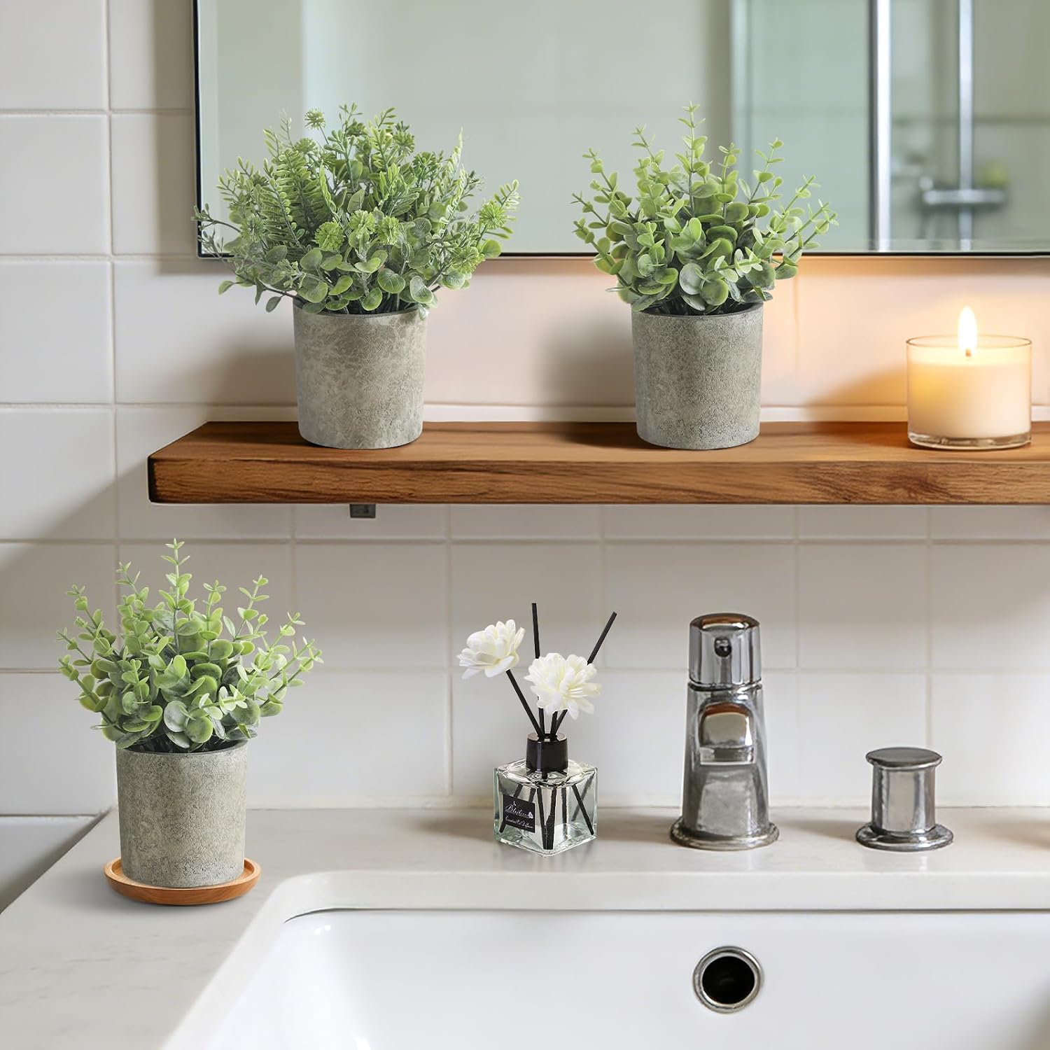 Mini Potted Fake Plants Artificial Plastic Indoor Eucalyptus Plants / Light Green / Set of 3