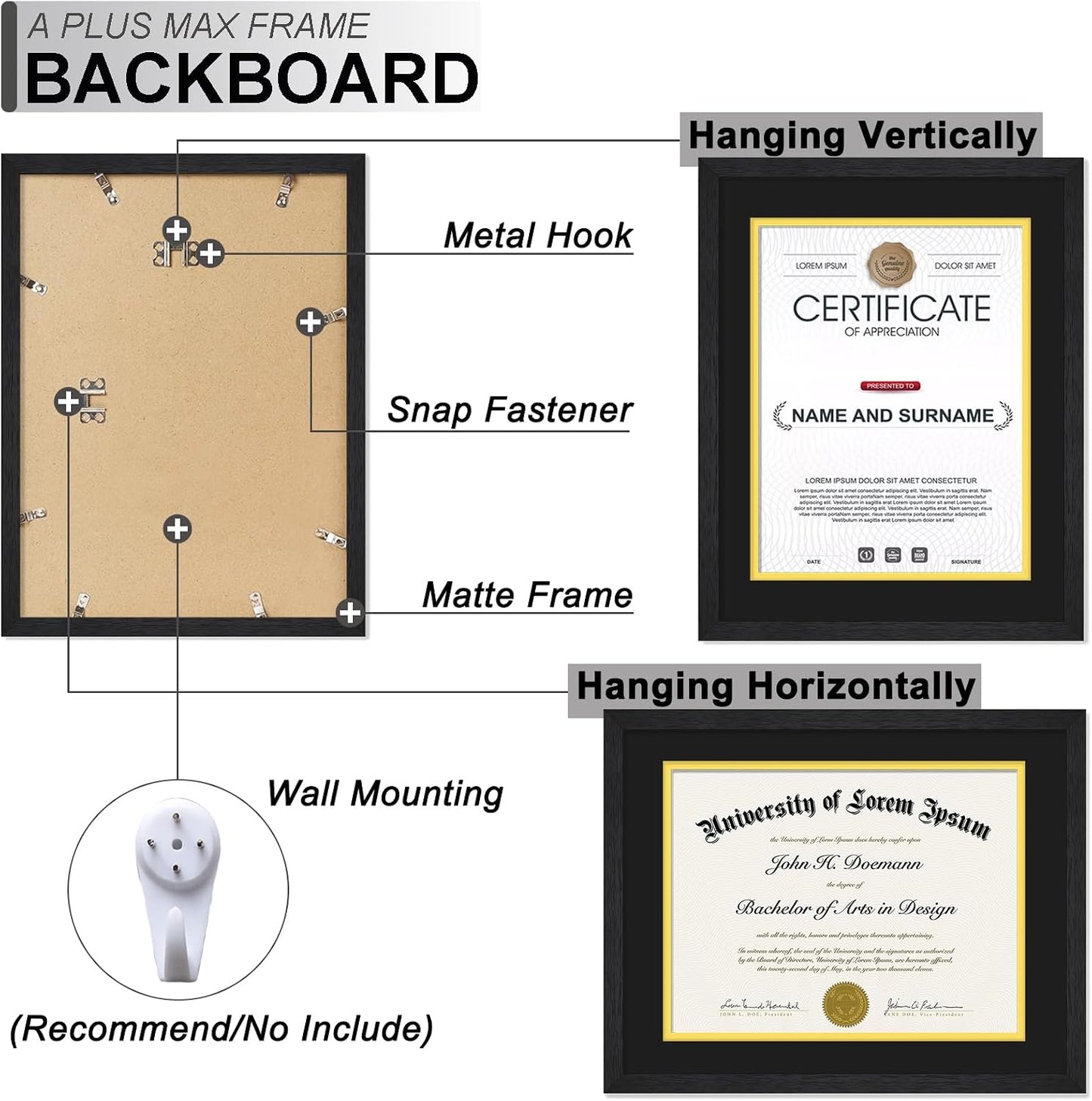 Black 11x14 Diploma Frame Set of 3 Display 8.5x11 Certificate with Mat | Black Wood-grain Document Frame with