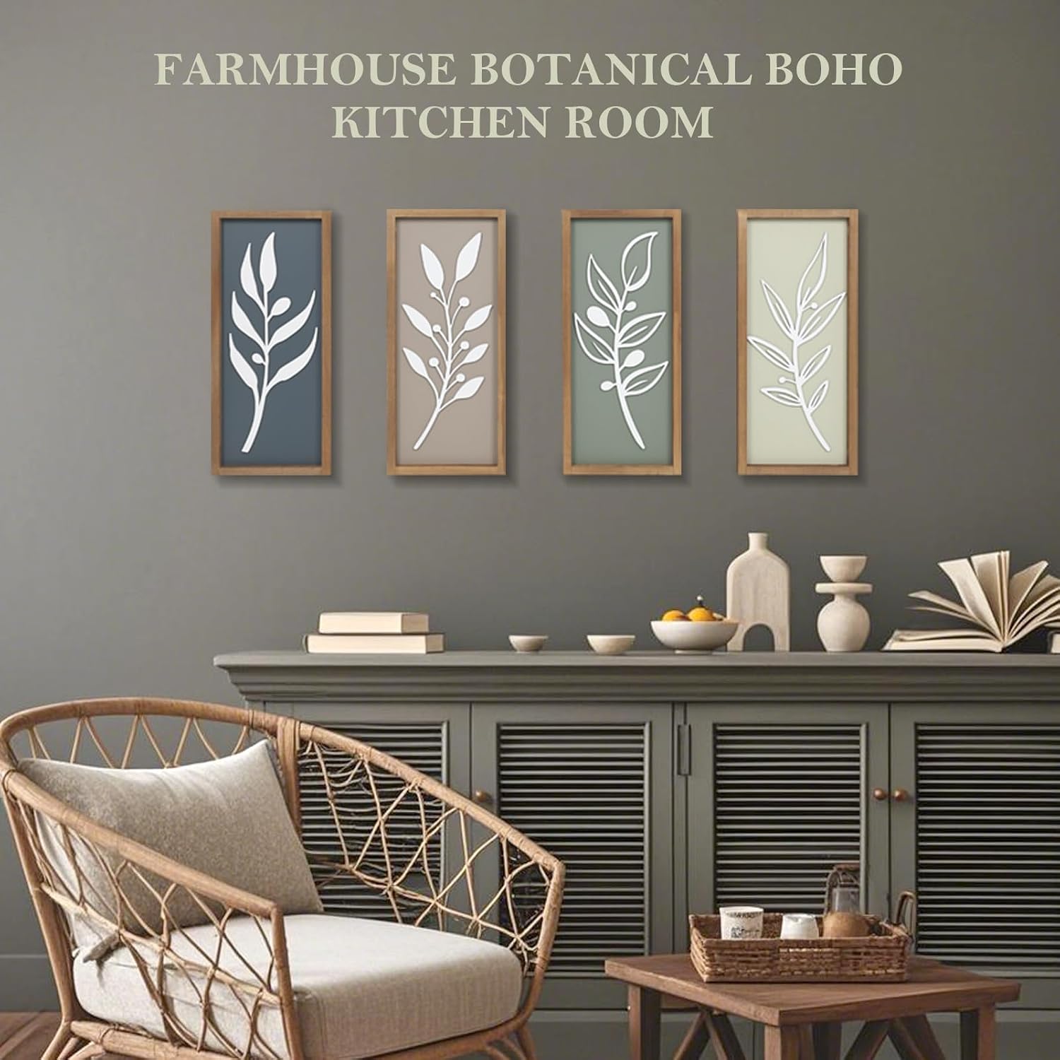 Minimalist Botanical Farmhouse Bathroom Wall Decor / Tree Leaf Brown / Set of 4
