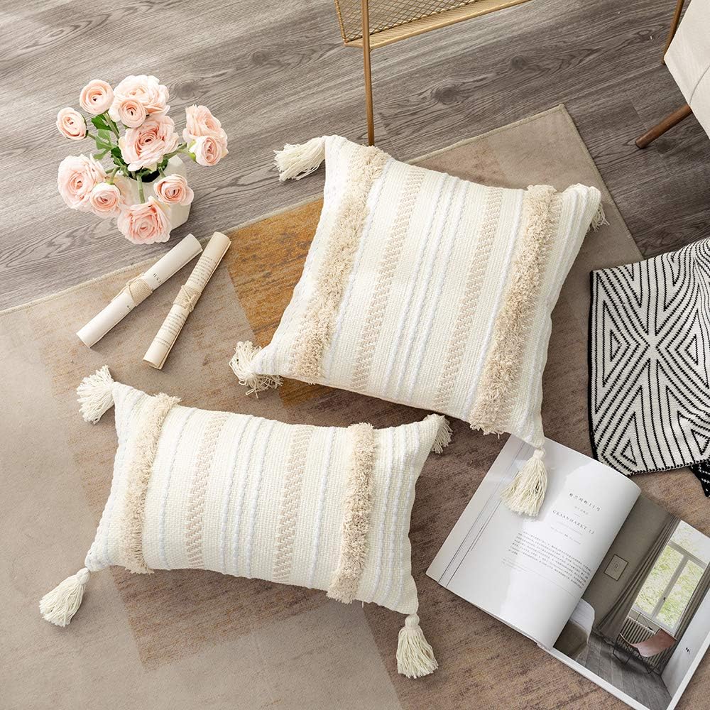 Lumbar Decorative Boho Throw Pillow Cover / 20 x 12 / Neutral / Cream