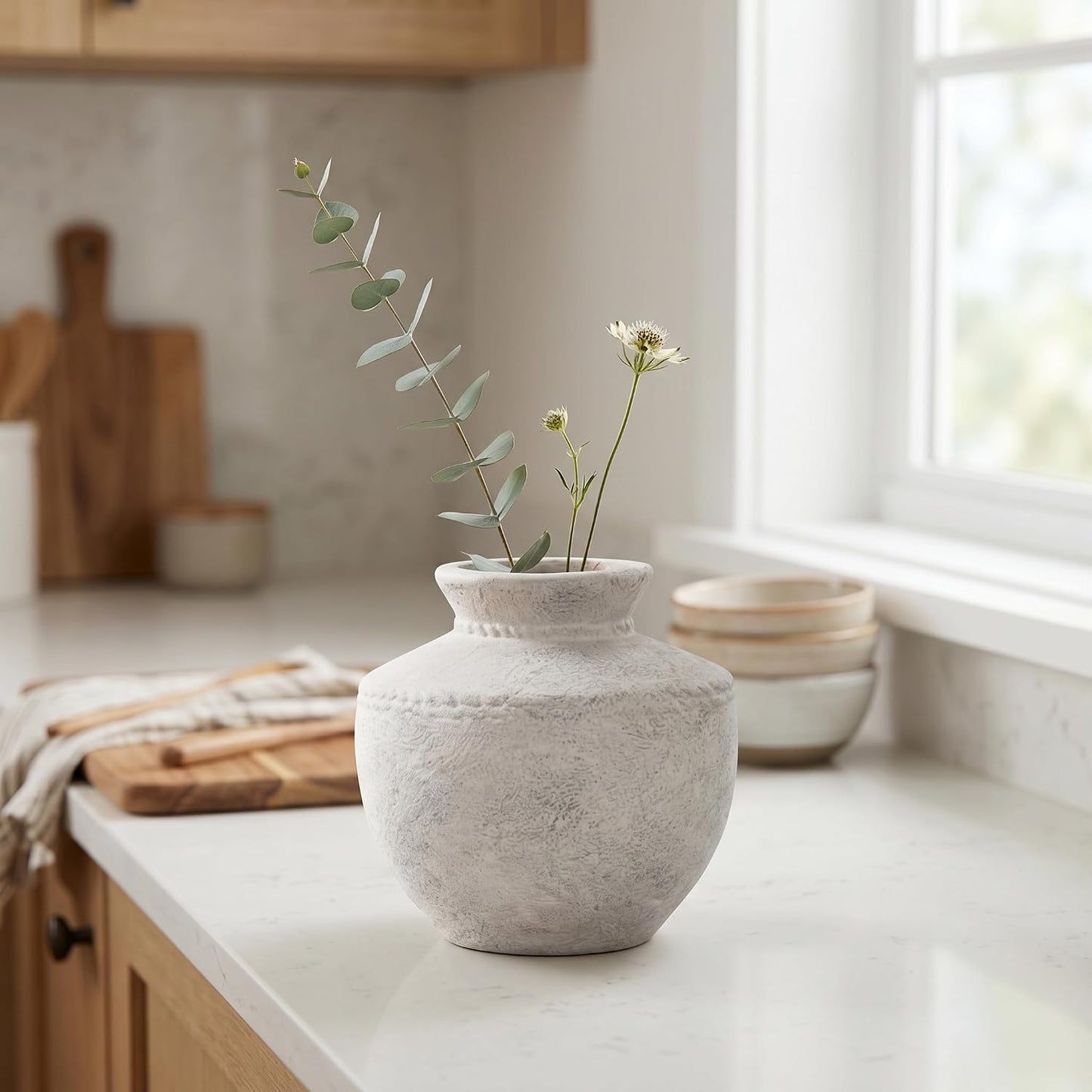 Rustic Farmhouse Vase Small White Ceramic Flower Vases / Rustic White / 6 Inch
