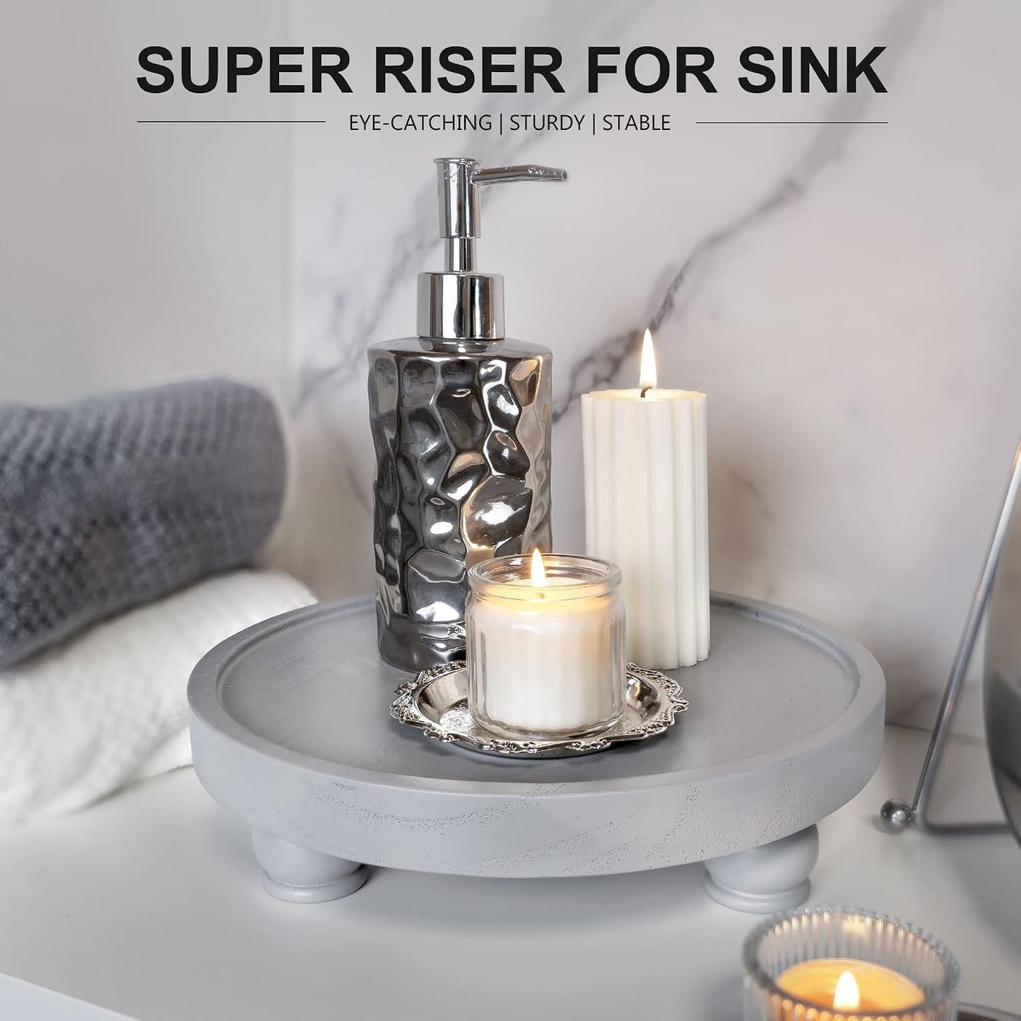EOSAHR Wood Display Riser: Pedestal Stand for Modern Farmhouse Decor, Gray | 10" Round Display Stand, Countertop