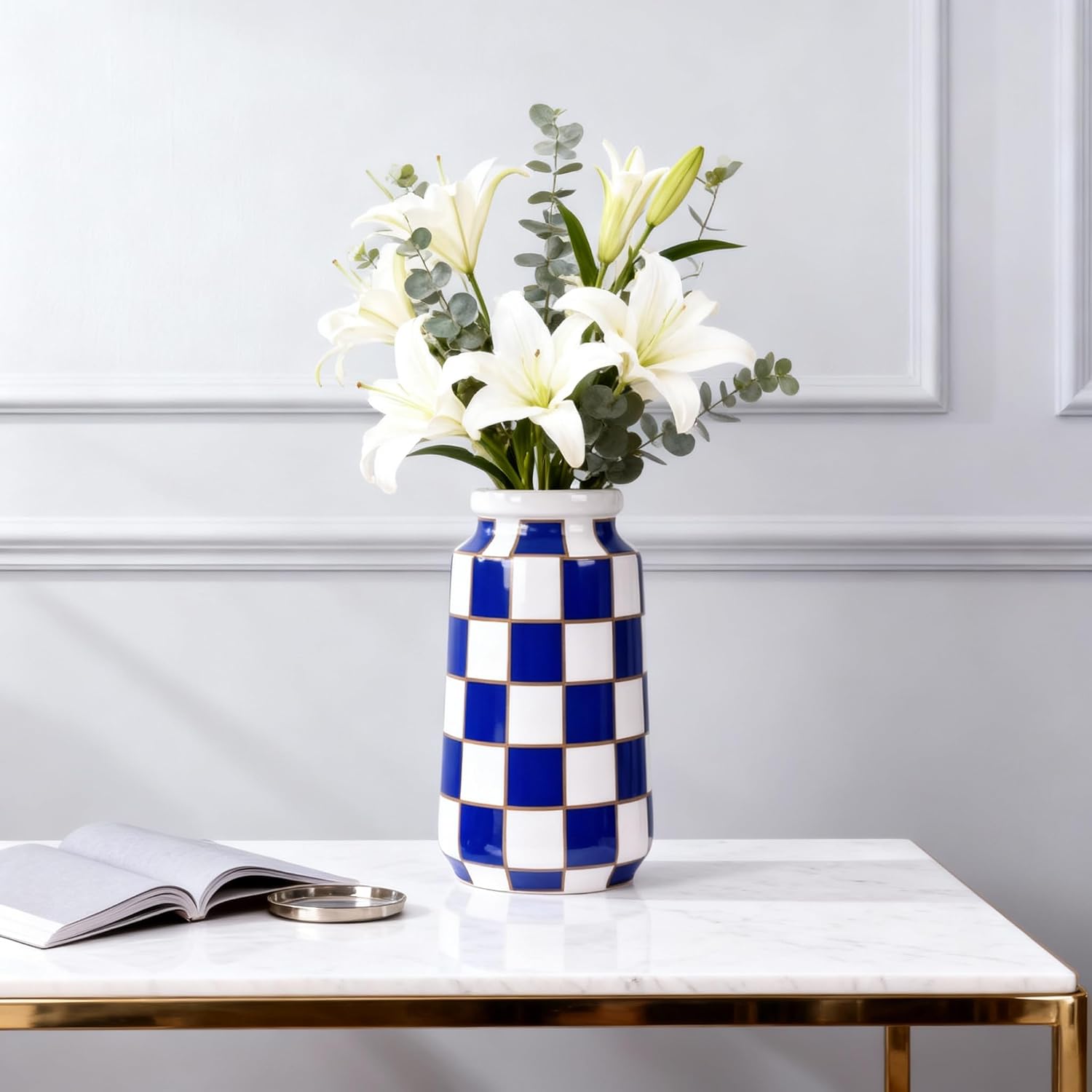 White Ceramic Vase / Blue
