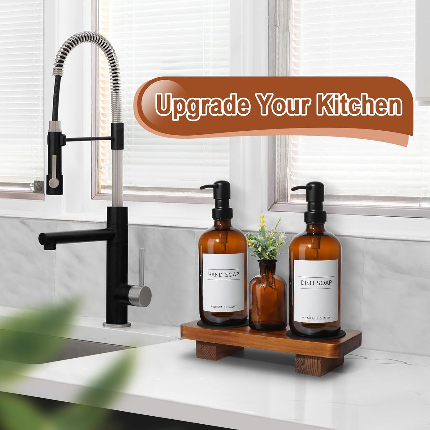 Wood Riser Tray / Amber Bottle + Black Pump