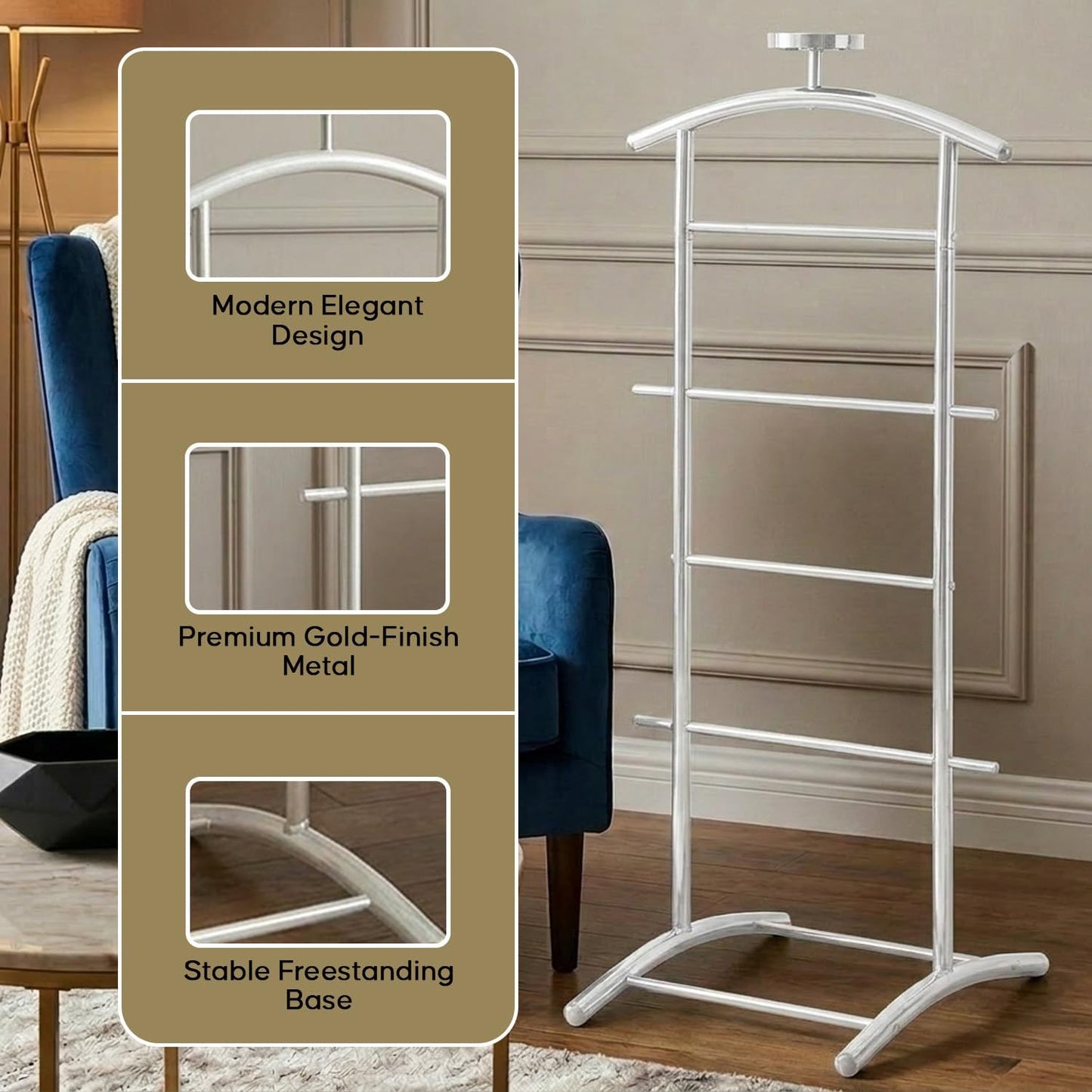 Kings Brand Freestanding Metal Suit Valet Stand with Tie Bar, White | Complete Clothing Organizer with Hanger, Trouser