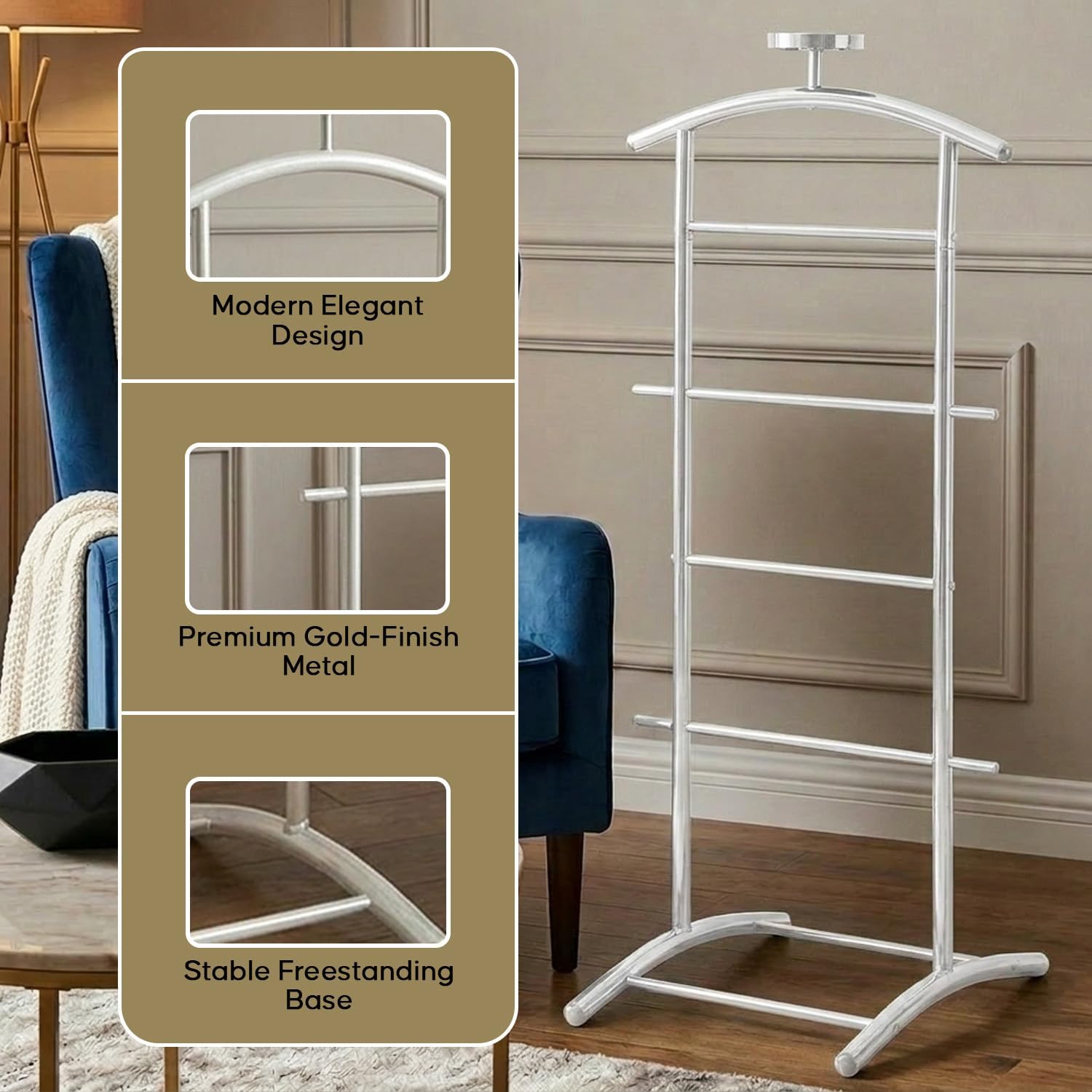 Kings Brand Freestanding Metal Suit Valet Stand with Tie Bar, White | Complete Clothing Organizer with Hanger, Trouser