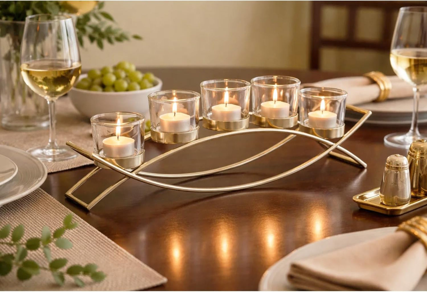 Centerpieces for Tables, Dining Room Candle Holder Decor, Gold | Votive Candle Holders, Wrought Iron 5 Cup Candelabra