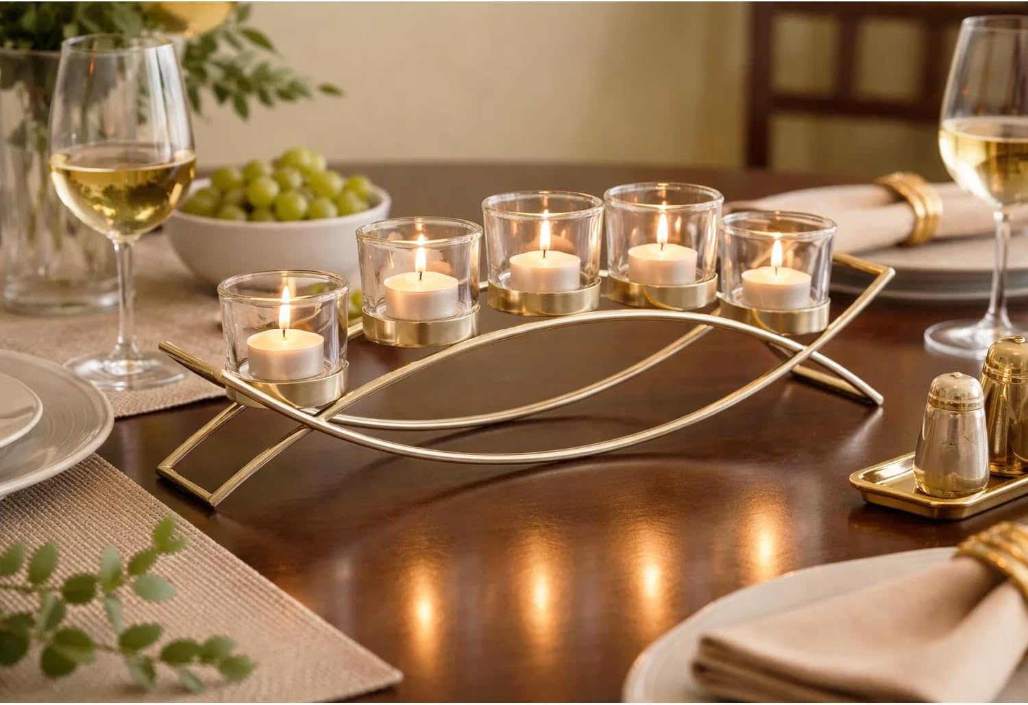 Centerpieces for Tables, Dining Room Candle Holder Decor, Gold | Votive Candle Holders, Wrought Iron 5 Cup Candelabra