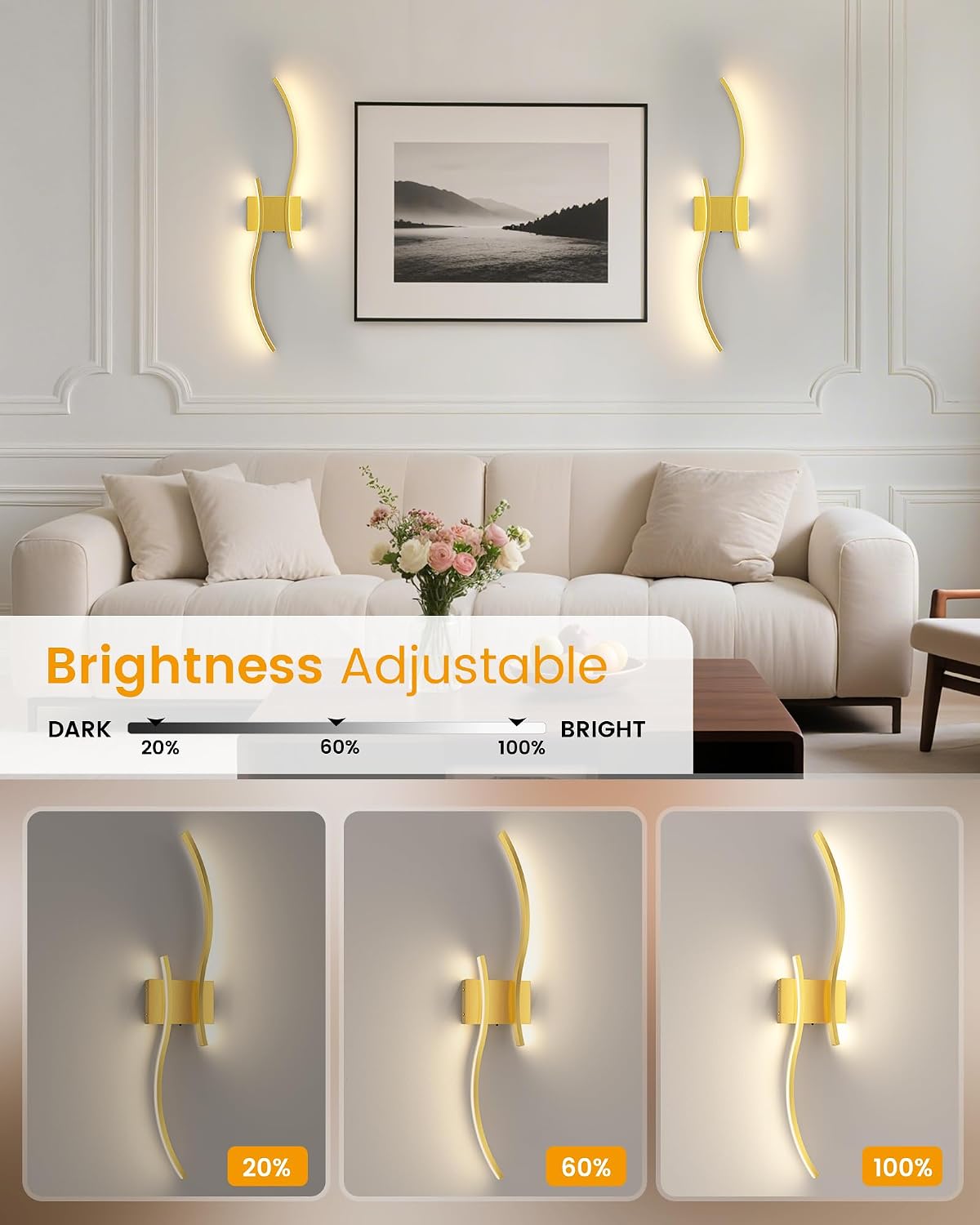 27.6 Inch Battery Operated Wall Sconce Set of 2, Gold Modern Rechargeable Wall Lights with Remote, 3CCT Dimmable