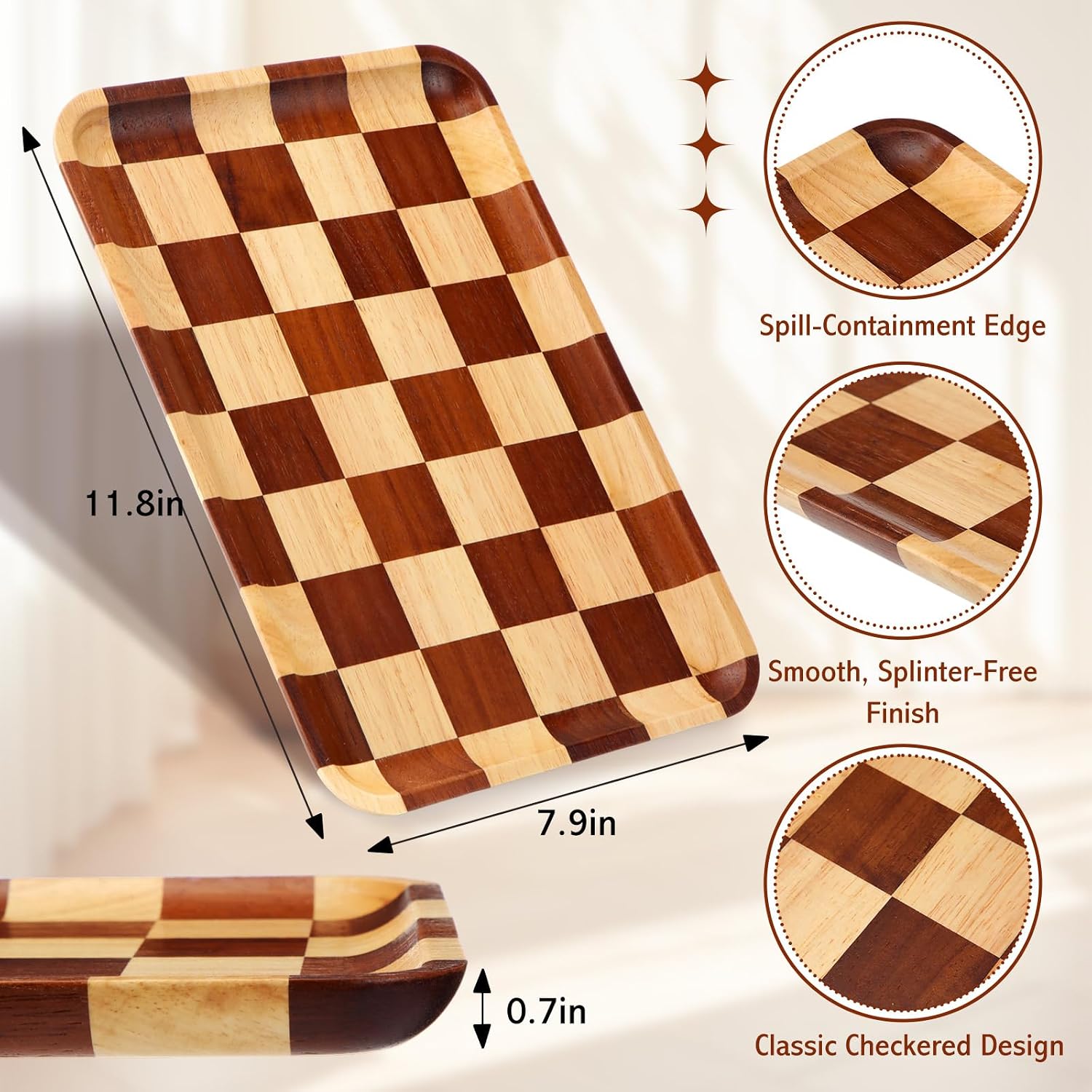Medium Acacia Wood Checkered Serving Tray " Rectangular Decorative Wooden Tray / 11.8 x 7.9 x 0.7