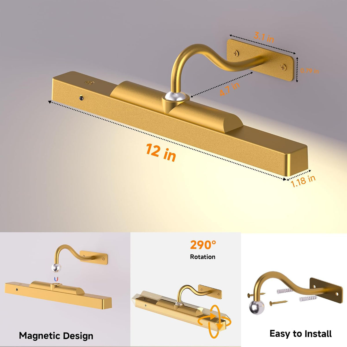 Gallery Picture Light for Wall, 4400mAh Cordless Wireless LED Wall Sconce,Rechargeable Dimmable Lighting for Modern