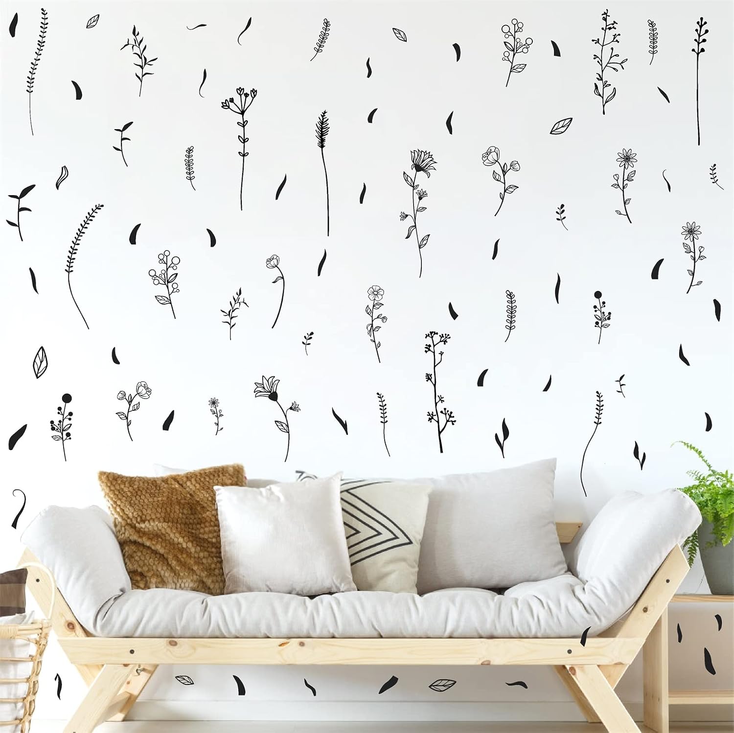 Floral Leaf Wall Decals Wildflower Wall Stickers Bouquet Botanical Plant Leaves Wall / Black