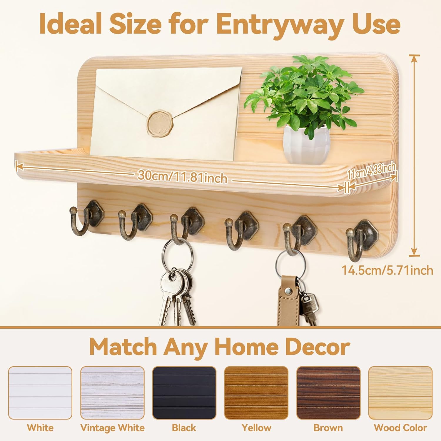 6 Hooks Wooden Hanging Key Rack / Wood Color