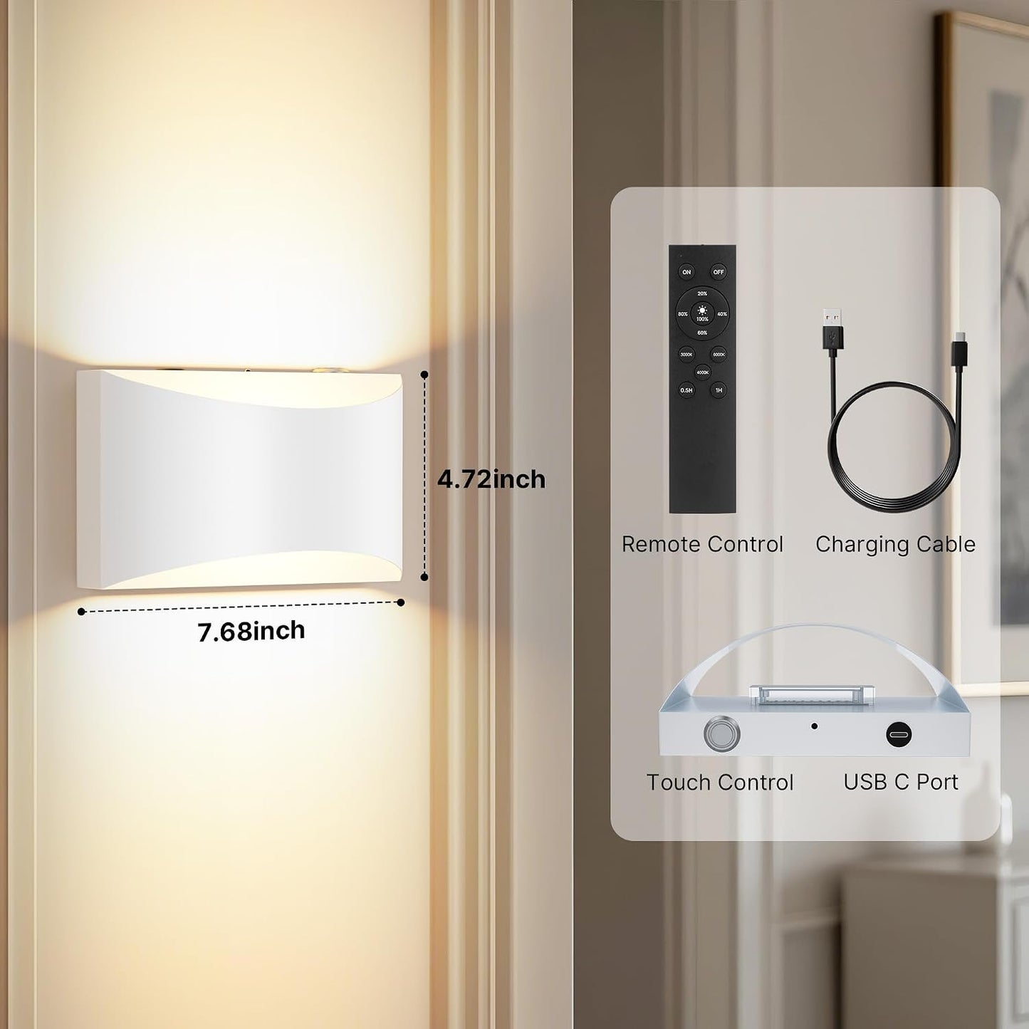 Battery Operated Wall Sconces Set of 2 Rechargeable Wireless White | 8000mAh Remote & Touch Control Wall Lamps 3 Color