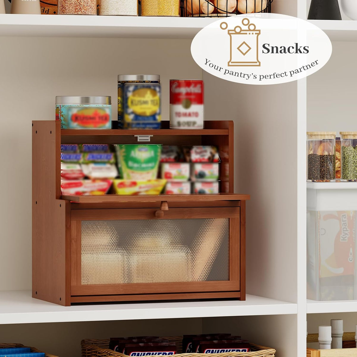 Bread Box for Kitchen Countertop, Large Bamboo Bread Storage Container with Double Layer, Bread Holder for Homemade